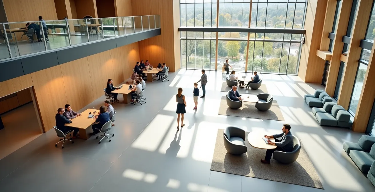 Vue aérienne d'un espace de travail modulaire avec différentes zones d'activités