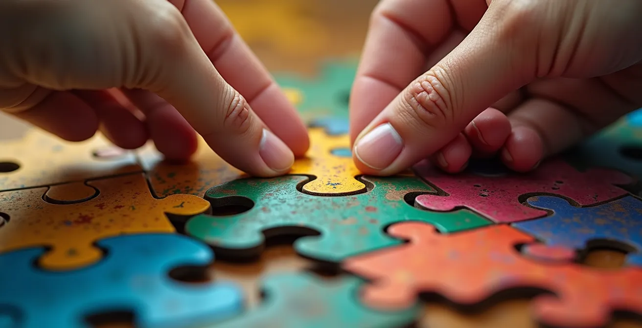 Gros plan sur des mains diverses assemblant un puzzle complexe