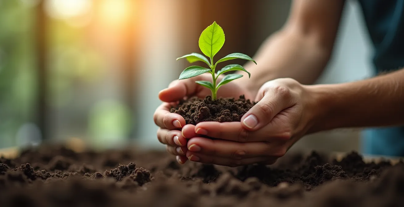 Mains tenant une jeune plante avec racines visibles dans un terreau riche