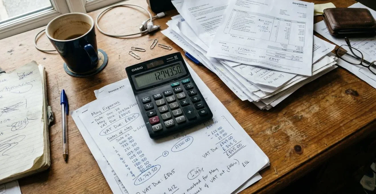 Calculatrice et documents financiers sur un bureau d'entreprise, lumière naturelle, environnement de travail authentique