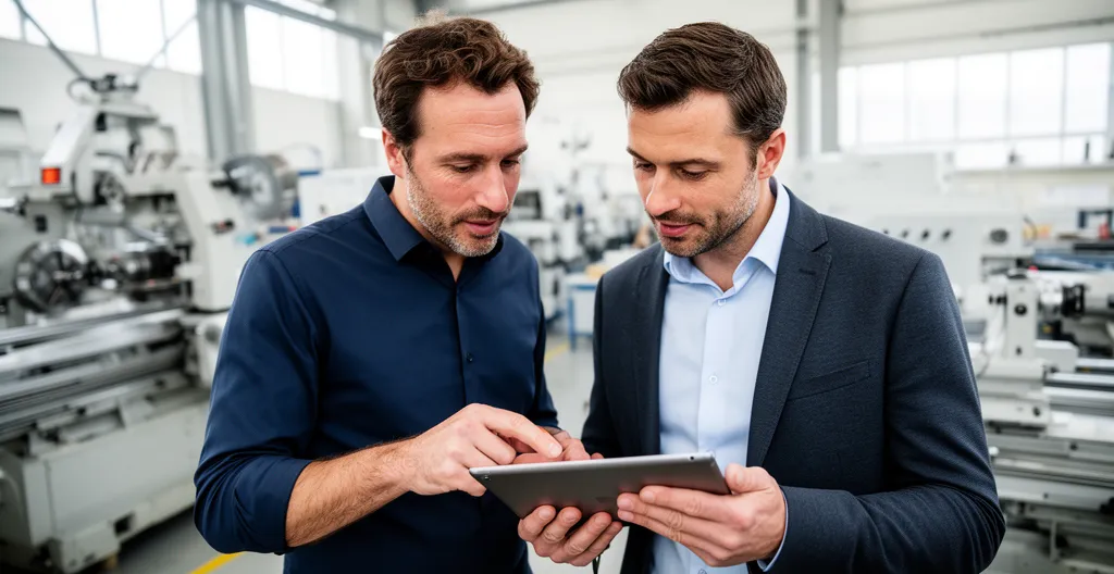 Dirigeant PME et consultant discutant financement dans atelier industriel moderne