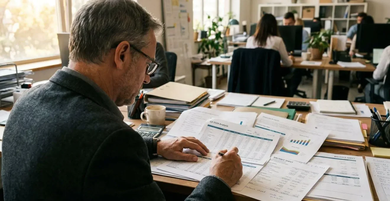 Un dirigeant d'entreprise vu de dos examine des documents financiers étalés sur son bureau, éclairage naturel de fenêtre