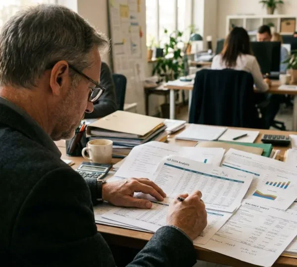 Un dirigeant d'entreprise vu de dos examine des documents financiers étalés sur son bureau, éclairage naturel de fenêtre
