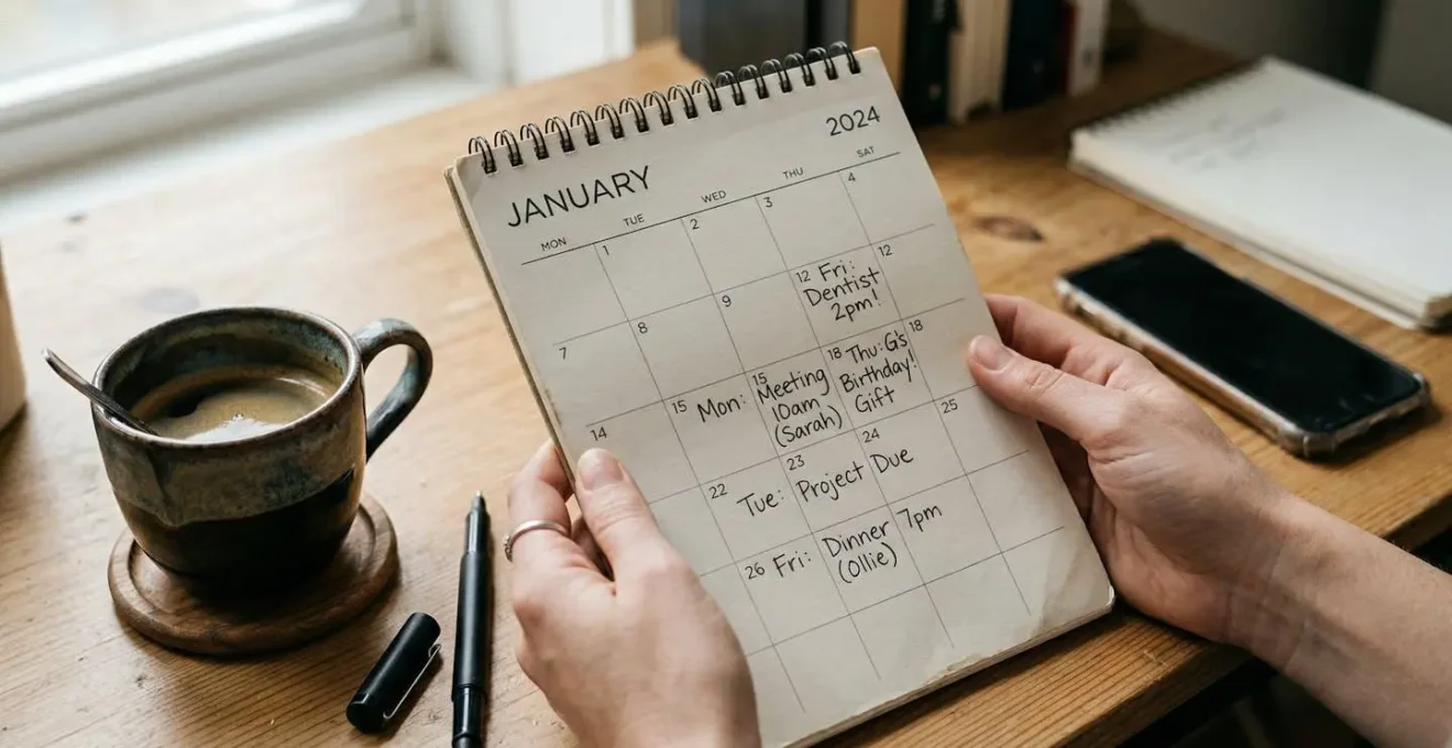 Mains tenant un calendrier papier avec des annotations manuscrites, tasse de café visible, plan de travail réaliste
