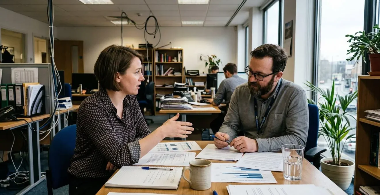 Deux personnes en réunion autour d'une table avec documents, profil trois-quarts, environnement PME réaliste